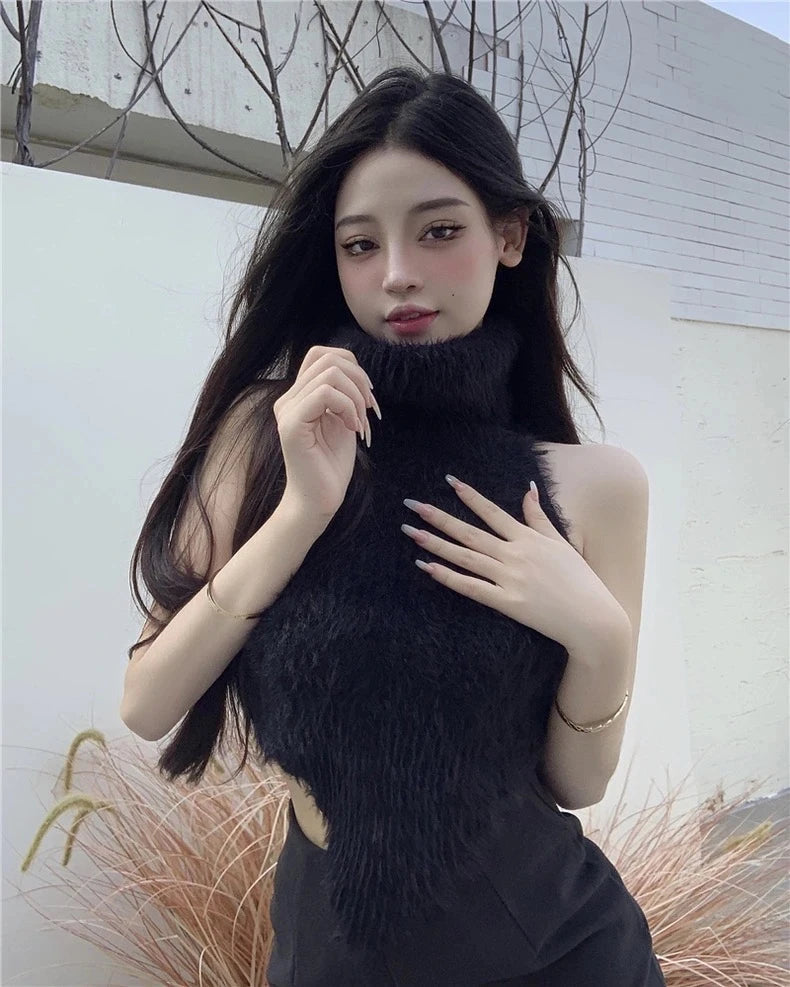 Sexy Tanks Women Knitted Hot Chic Backless Turtleneck Short Sleeveless Off Shoulder Popular Streetwear Corrugated Edge Female VELNIX