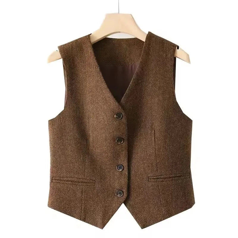 Vintage V-neck Casual Vest Jacket Women British Style Loose Sleeveless Waistcoat 2025 New Spring Summer Buttons Ladies Outwear VELNIX