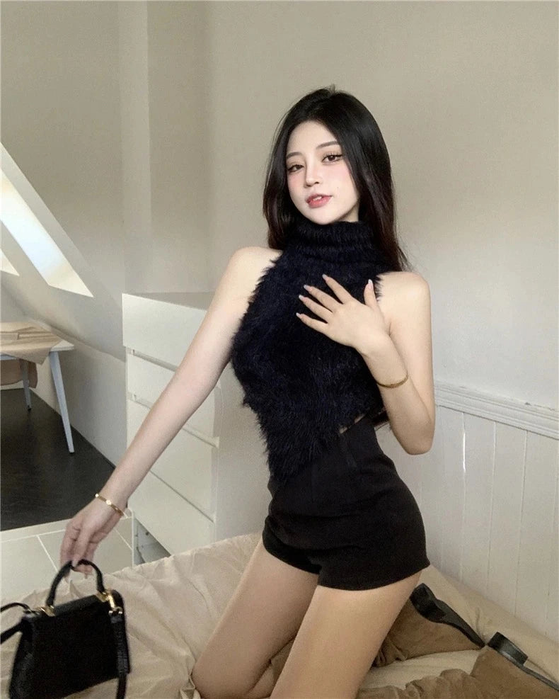 Sexy Tanks Women Knitted Hot Chic Backless Turtleneck Short Sleeveless Off Shoulder Popular Streetwear Corrugated Edge Female VELNIX