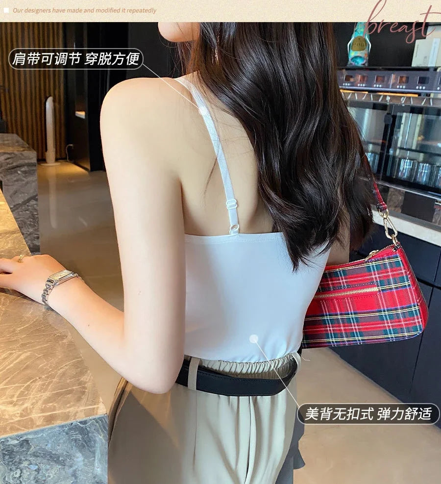 Summer Sexy Top Women Slim Thin Straps Camisole Sleeveless T-Shirt with Cups Solid Color Tank Tops Ice Silk Comfortable Sling VELNIX