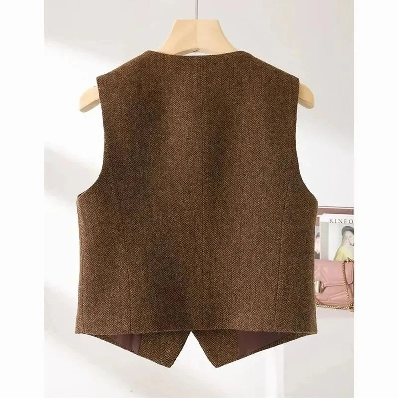 Vintage V-neck Casual Vest Jacket Women British Style Loose Sleeveless Waistcoat 2025 New Spring Summer Buttons Ladies Outwear VELNIX