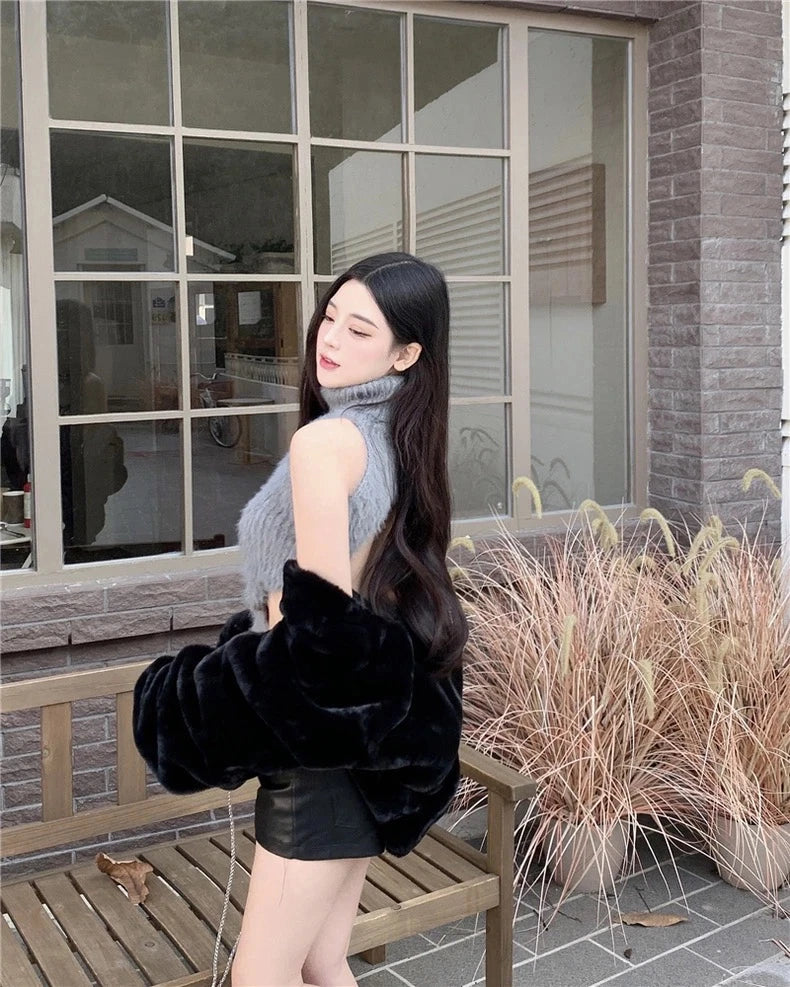 Sexy Tanks Women Knitted Hot Chic Backless Turtleneck Short Sleeveless Off Shoulder Popular Streetwear Corrugated Edge Female VELNIX