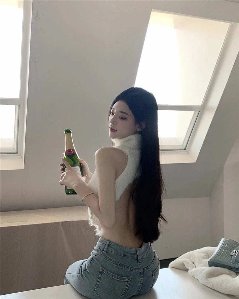 Sexy Tanks Women Knitted Hot Chic Backless Turtleneck Short Sleeveless Off Shoulder Popular Streetwear Corrugated Edge Female VELNIX