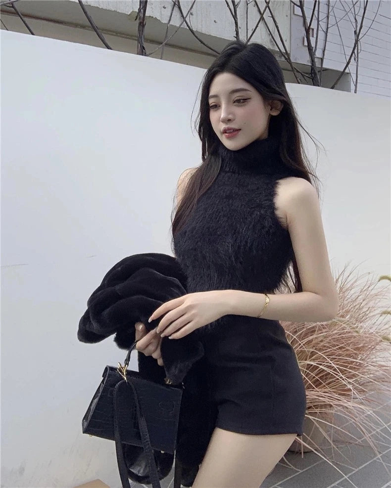 Sexy Tanks Women Knitted Hot Chic Backless Turtleneck Short Sleeveless Off Shoulder Popular Streetwear Corrugated Edge Female VELNIX