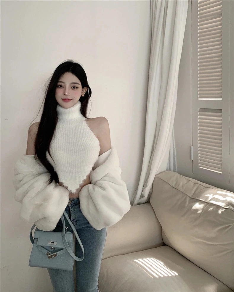 Sexy Tanks Women Knitted Hot Chic Backless Turtleneck Short Sleeveless Off Shoulder Popular Streetwear Corrugated Edge Female VELNIX
