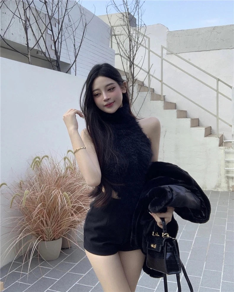 Sexy Tanks Women Knitted Hot Chic Backless Turtleneck Short Sleeveless Off Shoulder Popular Streetwear Corrugated Edge Female VELNIX