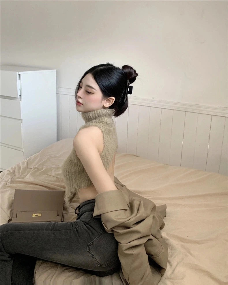 Sexy Tanks Women Knitted Hot Chic Backless Turtleneck Short Sleeveless Off Shoulder Popular Streetwear Corrugated Edge Female VELNIX