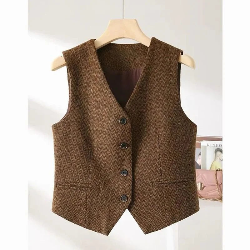 Vintage V-neck Casual Vest Jacket Women British Style Loose Sleeveless Waistcoat 2025 New Spring Summer Buttons Ladies Outwear VELNIX