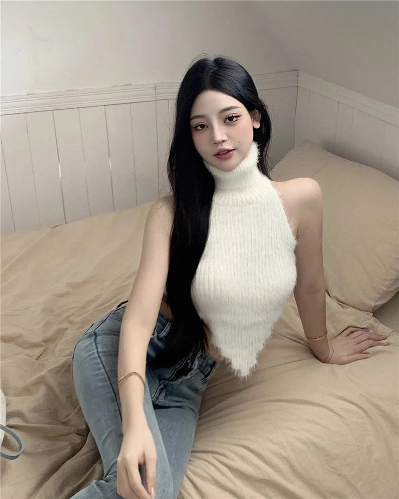 Sexy Tanks Women Knitted Hot Chic Backless Turtleneck Short Sleeveless Off Shoulder Popular Streetwear Corrugated Edge Female VELNIX