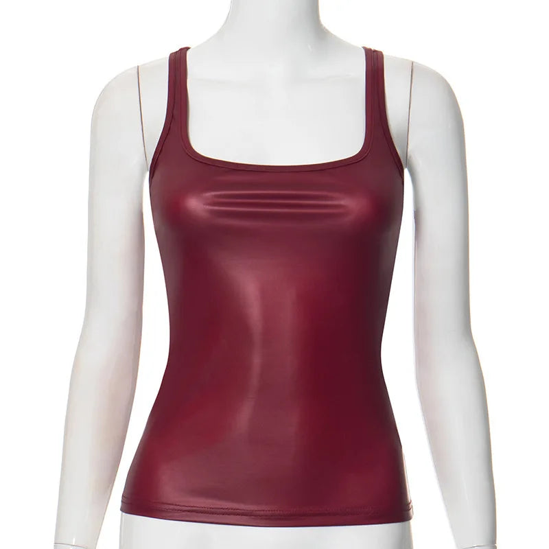 Y2k Streetwear Solid Slim Fit Square Neck Vest Summer Sexy Casual Daily Wear Fashion Shiny Satin Tank Top Sleeveless Blouse VELNIX