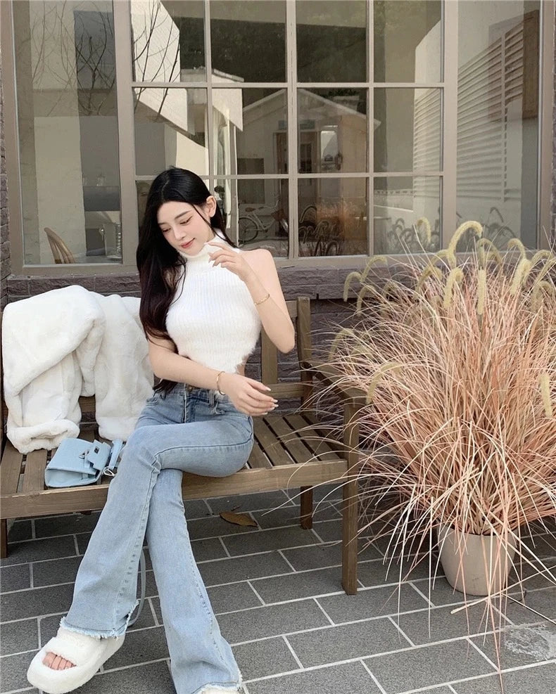 Sexy Tanks Women Knitted Hot Chic Backless Turtleneck Short Sleeveless Off Shoulder Popular Streetwear Corrugated Edge Female VELNIX