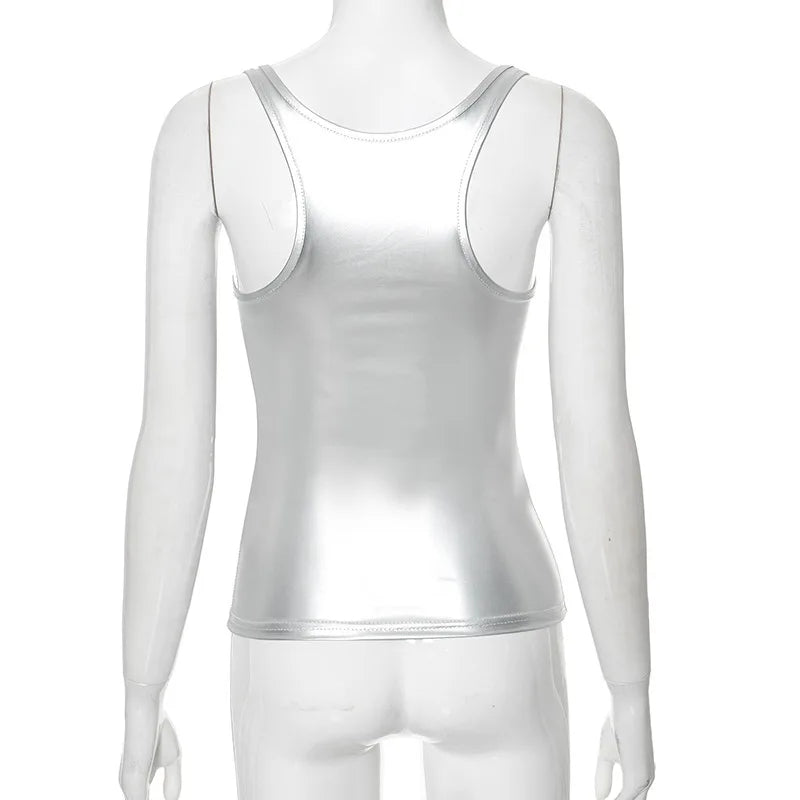 Y2k Streetwear Solid Slim Fit Square Neck Vest Summer Sexy Casual Daily Wear Fashion Shiny Satin Tank Top Sleeveless Blouse VELNIX
