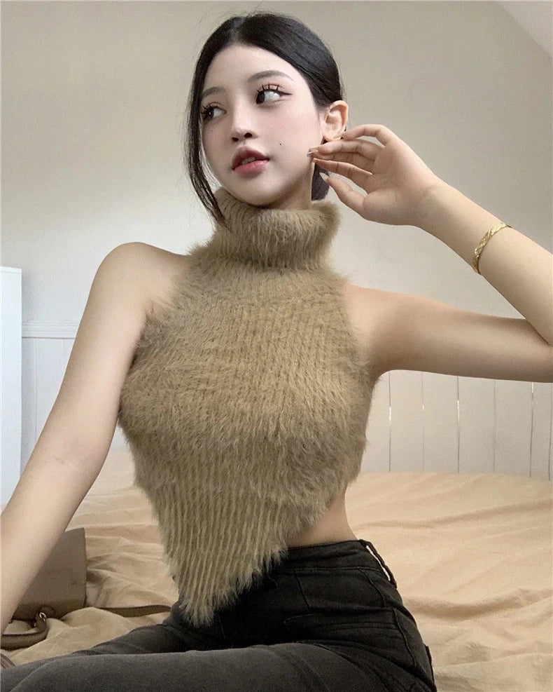 Sexy Tanks Women Knitted Hot Chic Backless Turtleneck Short Sleeveless Off Shoulder Popular Streetwear Corrugated Edge Female VELNIX