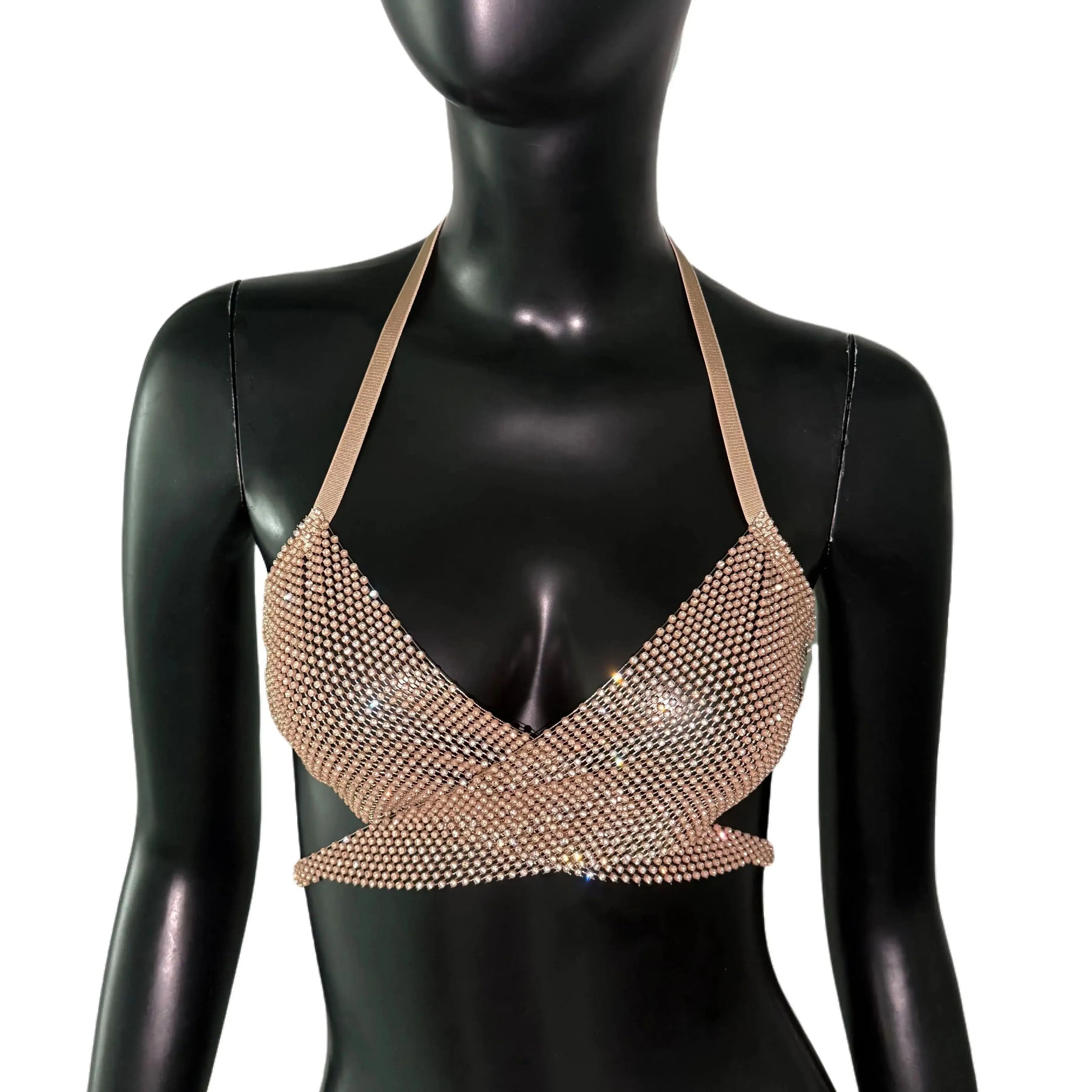 Sexy Backless Bandage V Neck Halter Neck Elastic Fishnet Crop Tops Festival Party Camisole Women Autumn Mesh Rhinestone Tank Top VELNIX