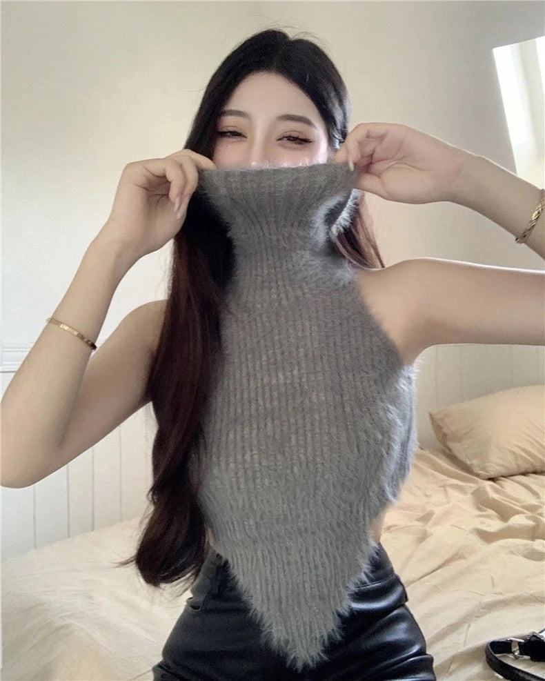 Sexy Tanks Women Knitted Hot Chic Backless Turtleneck Short Sleeveless Off Shoulder Popular Streetwear Corrugated Edge Female VELNIX