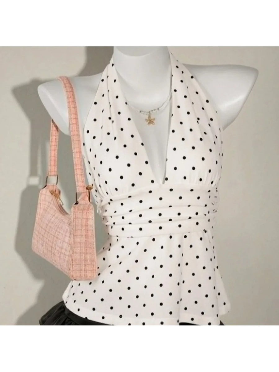 2026 new Y2K French retro polka dot hanging neck and waist ruffle edge top, deep V backless sleeveless vest, versatile for daily VELNIX