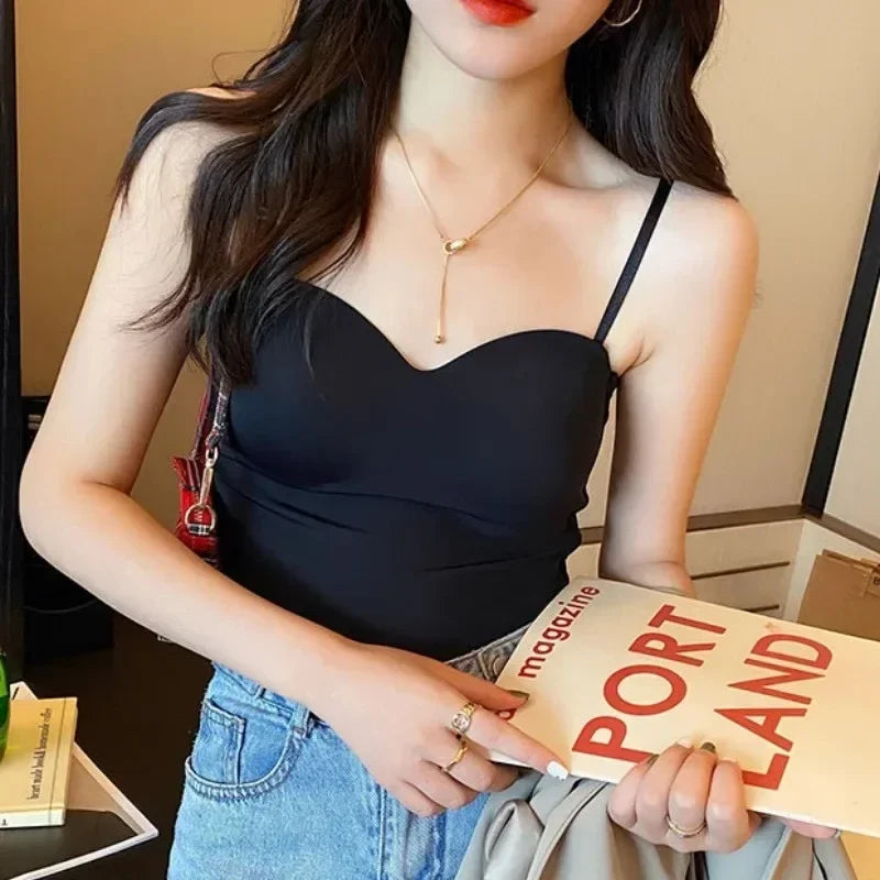 Summer Sexy Top Women Slim Thin Straps Camisole Sleeveless T-Shirt with Cups Solid Color Tank Tops Ice Silk Comfortable Sling VELNIX