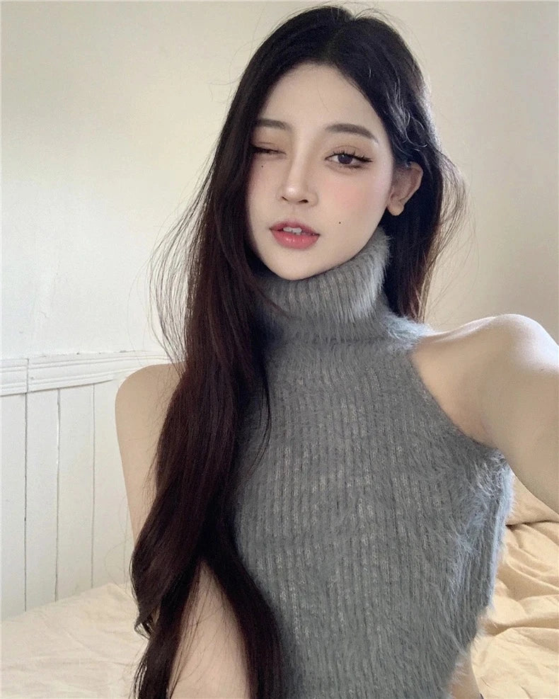 Sexy Tanks Women Knitted Hot Chic Backless Turtleneck Short Sleeveless Off Shoulder Popular Streetwear Corrugated Edge Female VELNIX