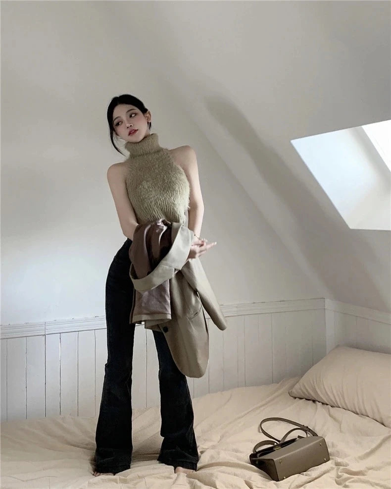 Sexy Tanks Women Knitted Hot Chic Backless Turtleneck Short Sleeveless Off Shoulder Popular Streetwear Corrugated Edge Female VELNIX