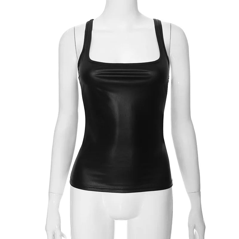 Y2k Streetwear Solid Slim Fit Square Neck Vest Summer Sexy Casual Daily Wear Fashion Shiny Satin Tank Top Sleeveless Blouse VELNIX