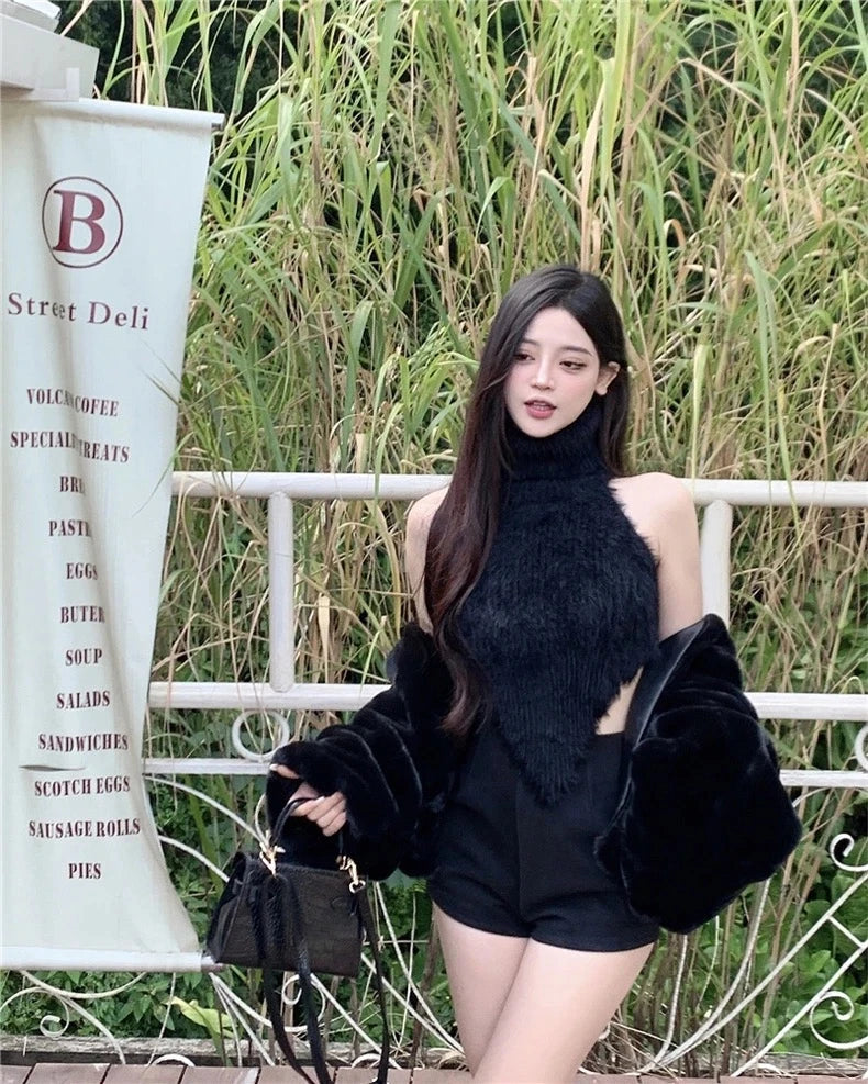 Sexy Tanks Women Knitted Hot Chic Backless Turtleneck Short Sleeveless Off Shoulder Popular Streetwear Corrugated Edge Female VELNIX