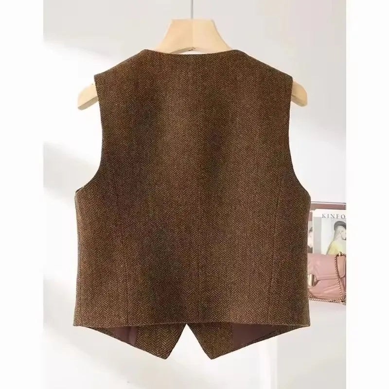 Vintage V-neck Casual Vest Jacket Women British Style  Loose Sleeveless Waistcoat 2025 New Spring Summer Buttons Ladies Outwear VELNIX