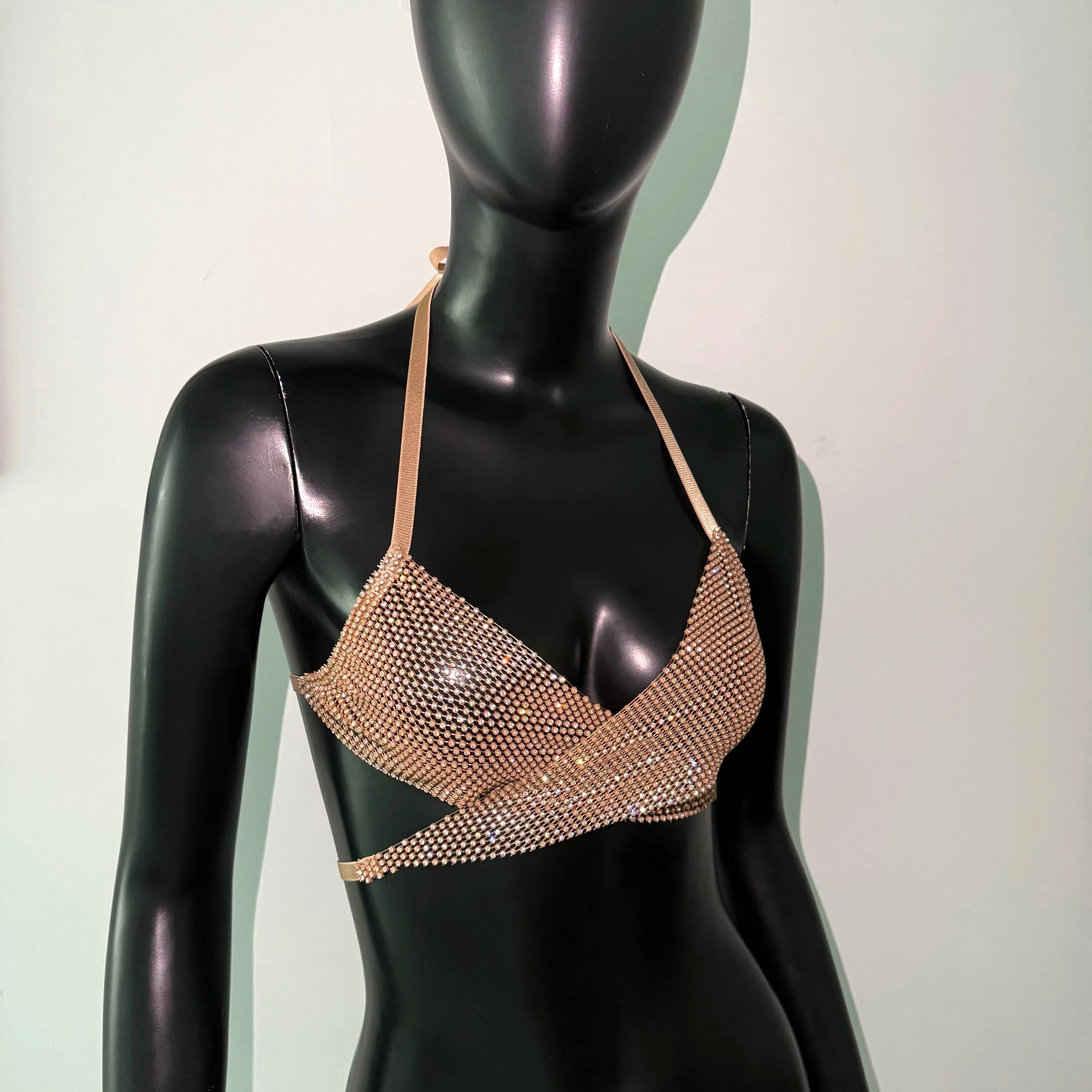 Sexy Backless Bandage V Neck Halter Neck Elastic Fishnet Crop Tops Festival Party Camisole Women Autumn Mesh Rhinestone Tank Top VELNIX