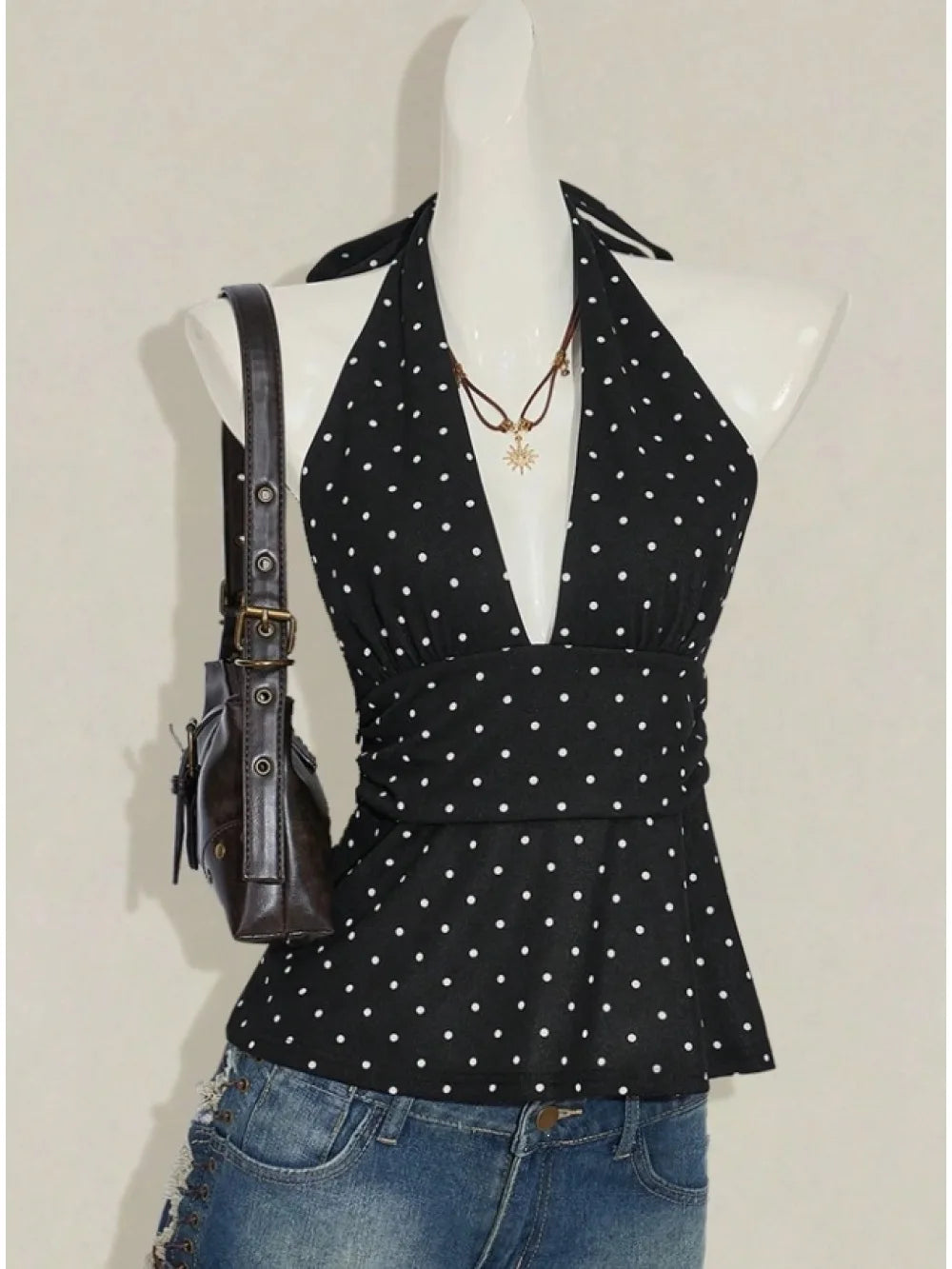 2026 new Y2K French retro polka dot hanging neck and waist ruffle edge top, deep V backless sleeveless vest, versatile for daily VELNIX