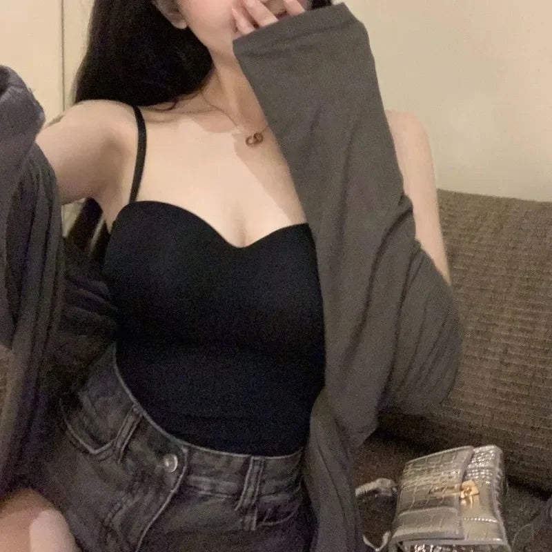 Summer Sexy Top Women Slim Thin Straps Camisole Sleeveless T-Shirt with Cups Solid Color Tank Tops Ice Silk Comfortable Sling VELNIX