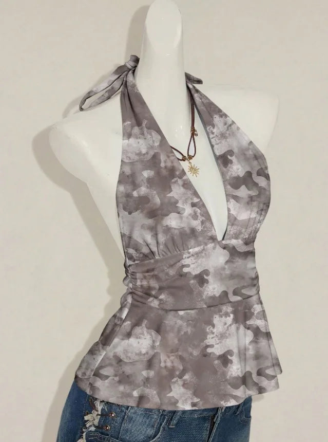 2026 new Y2K French retro polka dot hanging neck and waist ruffle edge top, deep V backless sleeveless vest, versatile for daily VELNIX