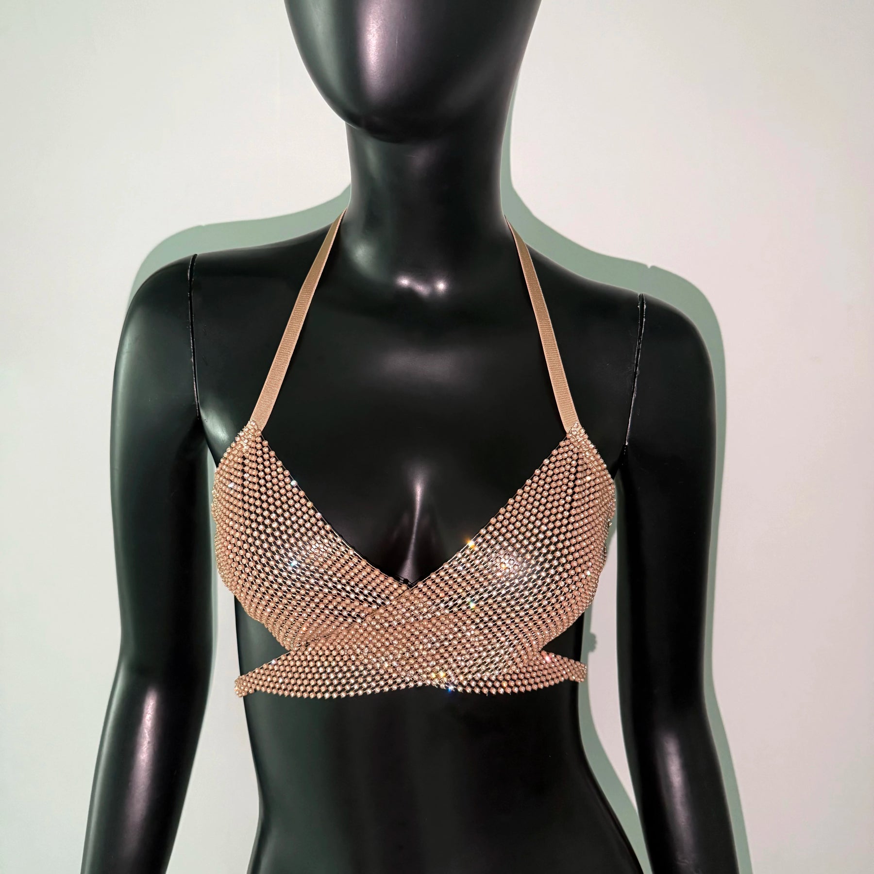 Sexy Backless Bandage V Neck Halter Neck Elastic Fishnet Crop Tops Festival Party Camisole Women Autumn Mesh Rhinestone Tank Top VELNIX