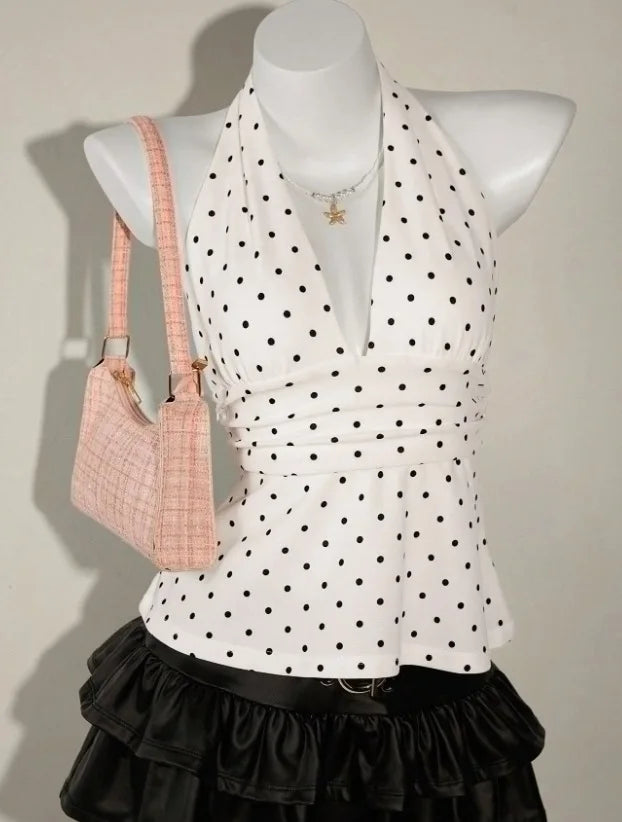 2026 new Y2K French retro polka dot hanging neck and waist ruffle edge top, deep V backless sleeveless vest, versatile for daily VELNIX