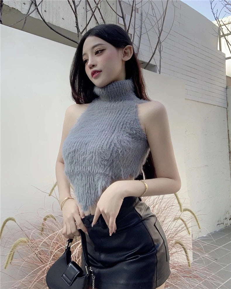 Sexy Tanks Women Knitted Hot Chic Backless Turtleneck Short Sleeveless Off Shoulder Popular Streetwear Corrugated Edge Female VELNIX