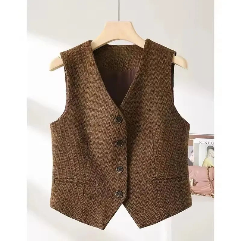 Vintage V-neck Casual Vest Jacket Women British Style  Loose Sleeveless Waistcoat 2025 New Spring Summer Buttons Ladies Outwear VELNIX