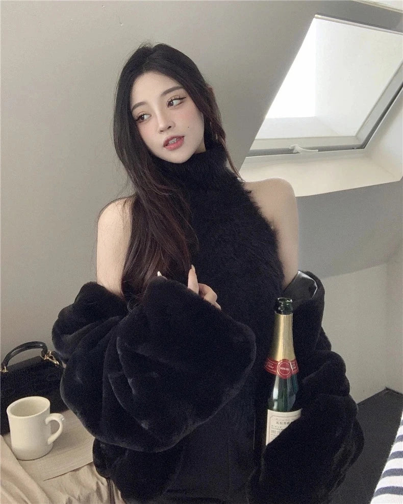Sexy Tanks Women Knitted Hot Chic Backless Turtleneck Short Sleeveless Off Shoulder Popular Streetwear Corrugated Edge Female VELNIX
