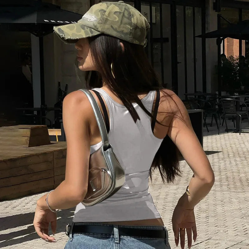 Y2k Streetwear Solid Slim Fit Square Neck Vest Summer Sexy Casual Daily Wear Fashion Shiny Satin Tank Top Sleeveless Blouse VELNIX