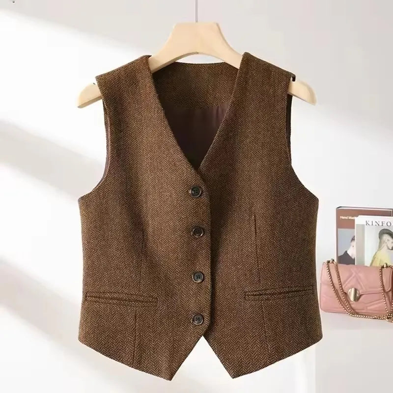 Vintage V-neck Casual Vest Jacket Women British Style  Loose Sleeveless Waistcoat 2025 New Spring Summer Buttons Ladies Outwear VELNIX