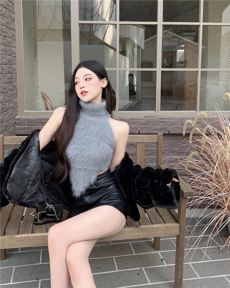 Sexy Tanks Women Knitted Hot Chic Backless Turtleneck Short Sleeveless Off Shoulder Popular Streetwear Corrugated Edge Female VELNIX