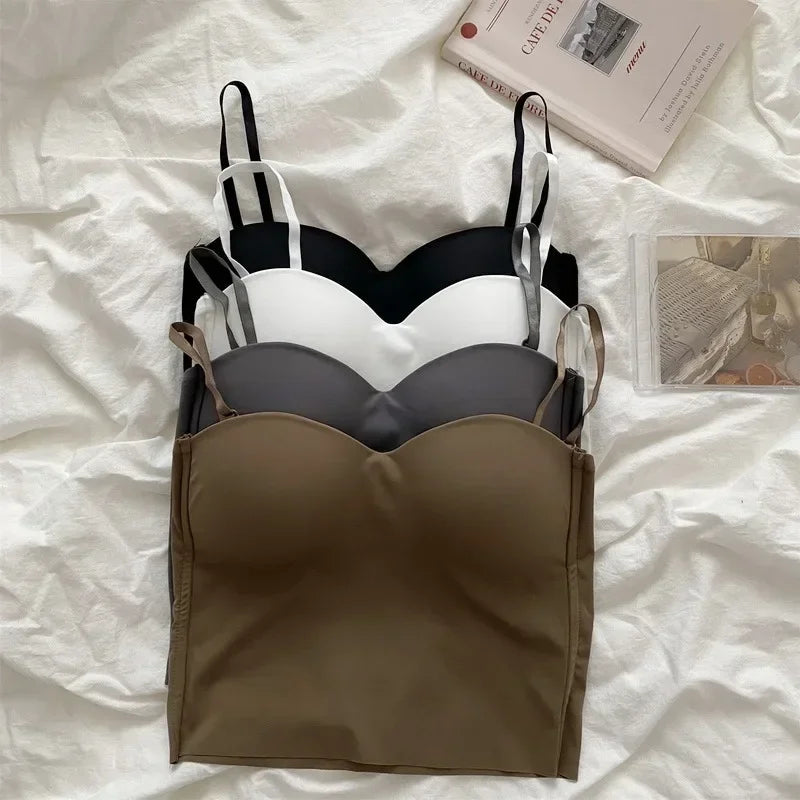 Summer Sexy Top Women Slim Thin Straps Camisole Sleeveless T-Shirt with Cups Solid Color Tank Tops Ice Silk Comfortable Sling VELNIX