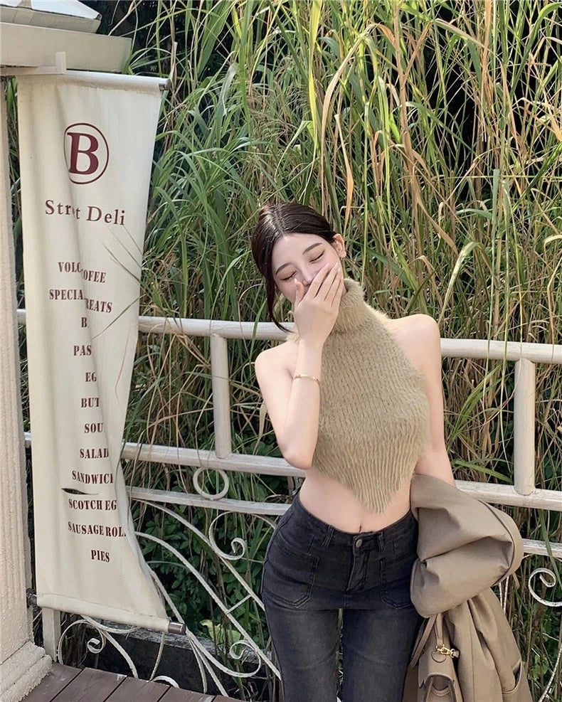 Sexy Tanks Women Knitted Hot Chic Backless Turtleneck Short Sleeveless Off Shoulder Popular Streetwear Corrugated Edge Female VELNIX