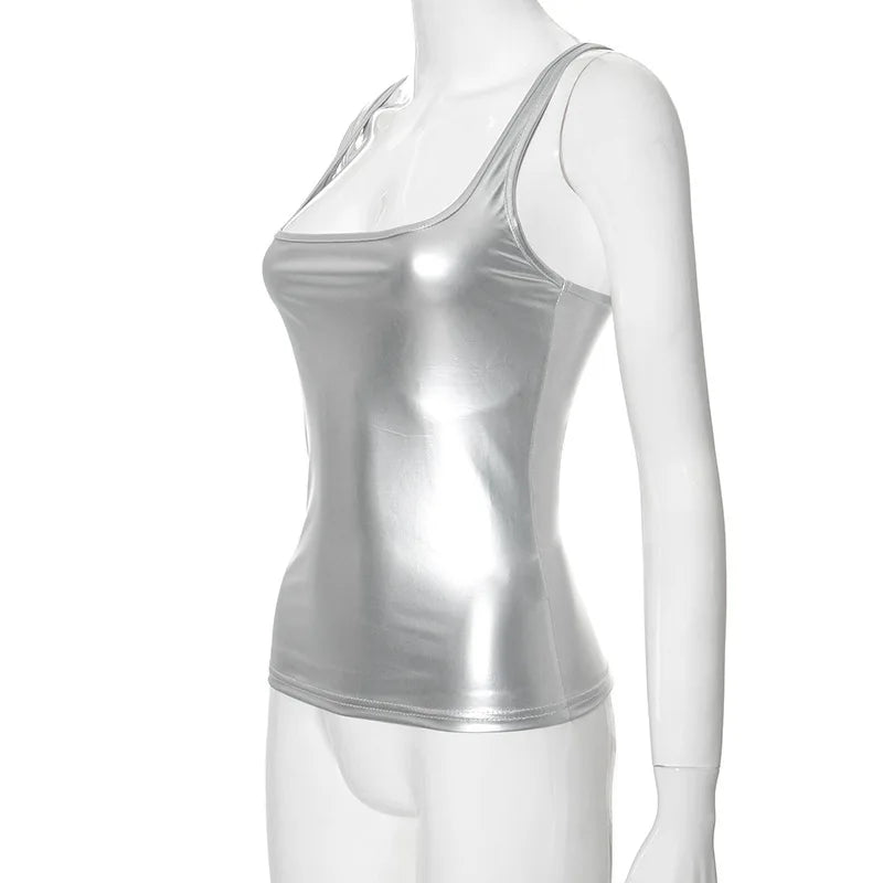 Y2k Streetwear Solid Slim Fit Square Neck Vest Summer Sexy Casual Daily Wear Fashion Shiny Satin Tank Top Sleeveless Blouse VELNIX