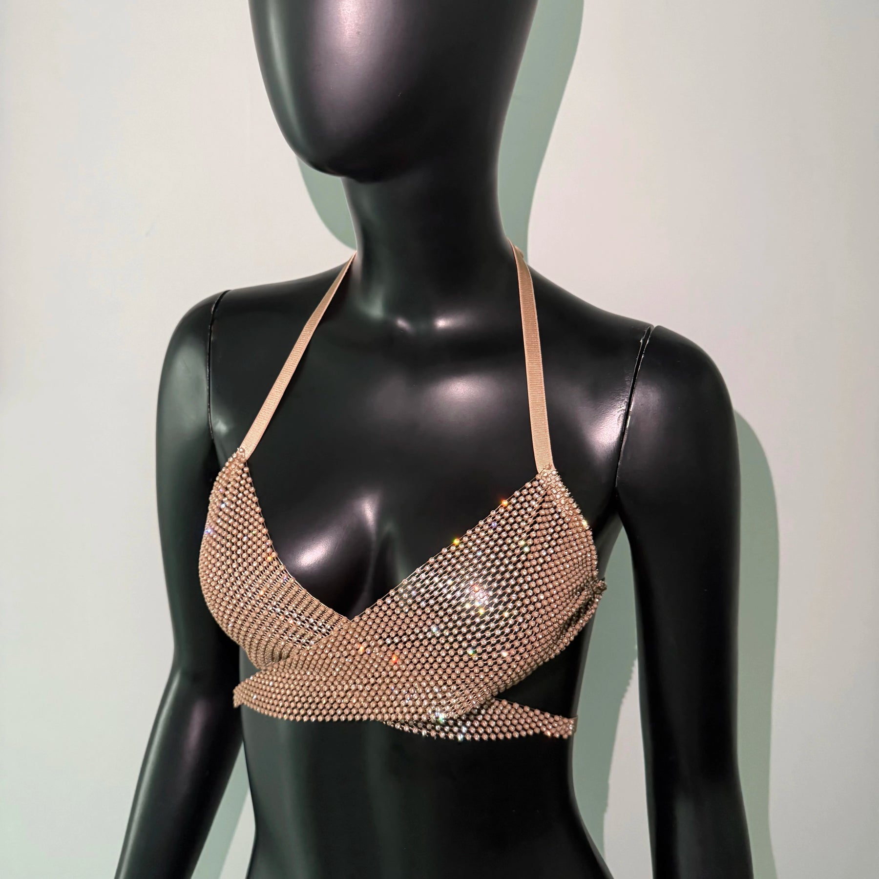 Sexy Backless Bandage V Neck Halter Neck Elastic Fishnet Crop Tops Festival Party Camisole Women Autumn Mesh Rhinestone Tank Top VELNIX