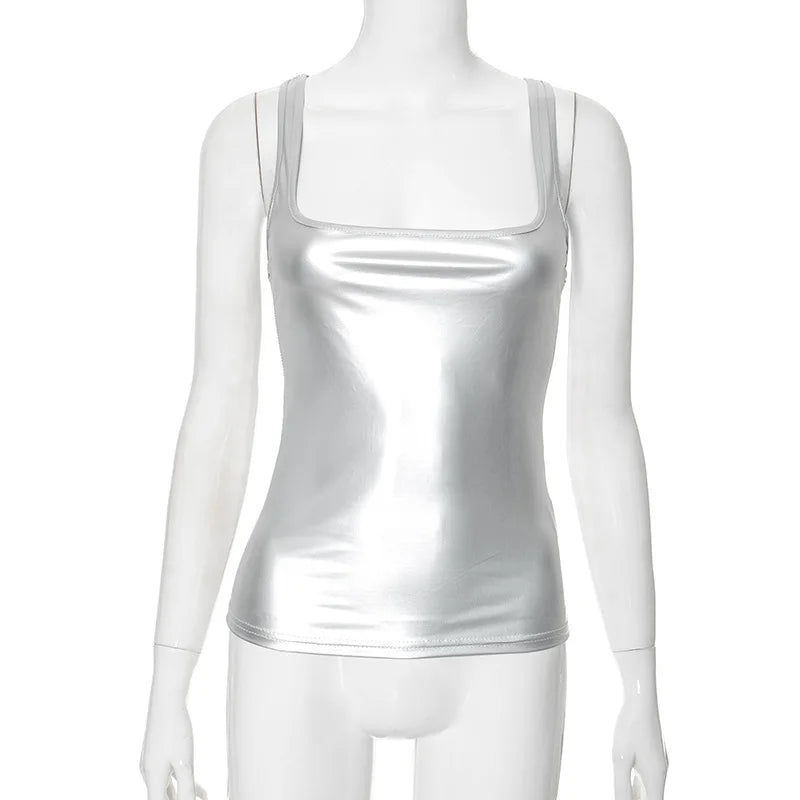 Y2k Streetwear Solid Slim Fit Square Neck Vest Summer Sexy Casual Daily Wear Fashion Shiny Satin Tank Top Sleeveless Blouse VELNIX