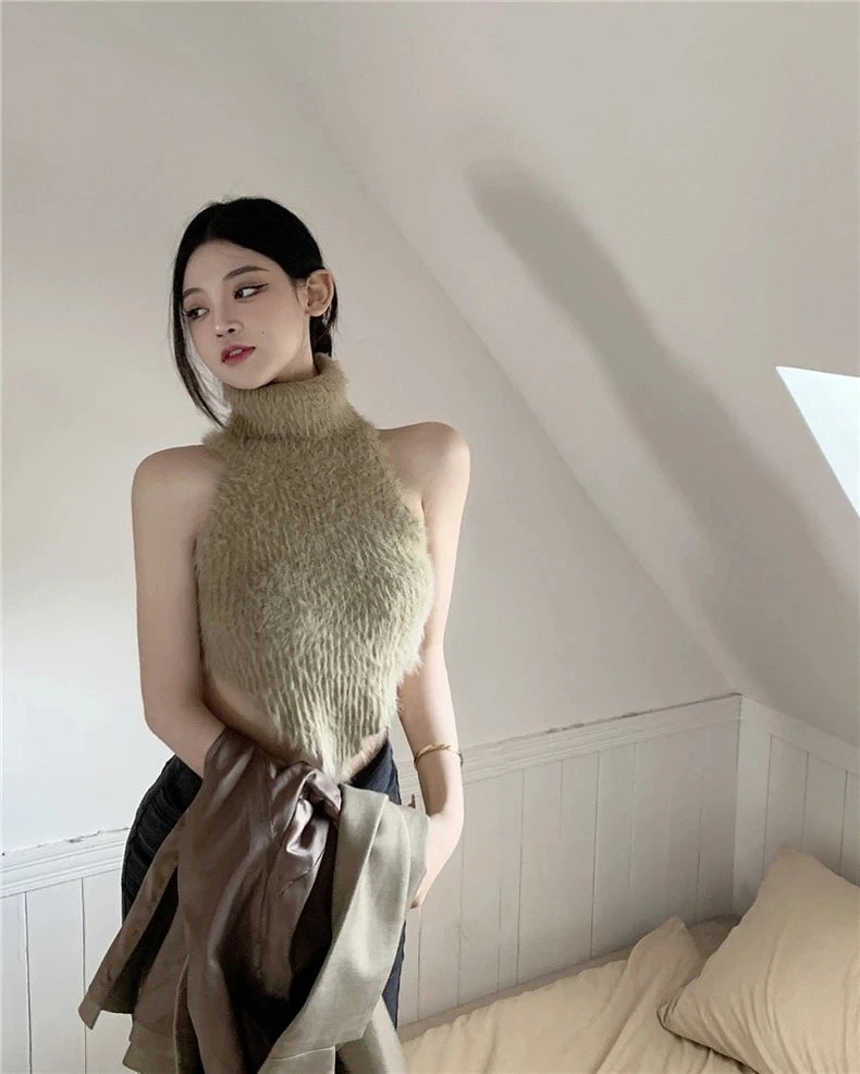 Sexy Tanks Women Knitted Hot Chic Backless Turtleneck Short Sleeveless Off Shoulder Popular Streetwear Corrugated Edge Female VELNIX