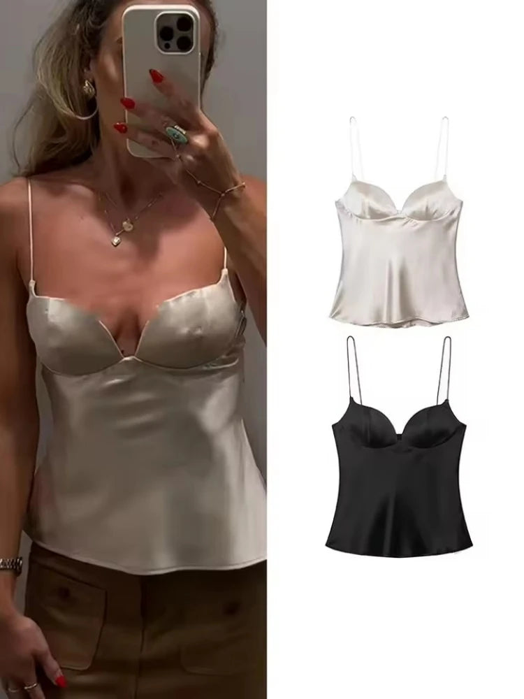 2026 New Summer Satin Textured Black Sling Tops Women Elegant V-neck Backless Tops Shirt Women Sexy Tops Club Party Tanks VELNIX