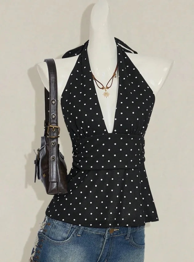 2026 new Y2K French retro polka dot hanging neck and waist ruffle edge top, deep V backless sleeveless vest, versatile for daily VELNIX