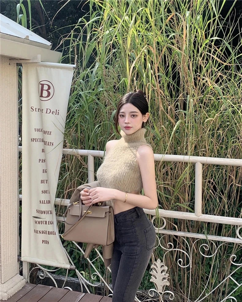 Sexy Tanks Women Knitted Hot Chic Backless Turtleneck Short Sleeveless Off Shoulder Popular Streetwear Corrugated Edge Female VELNIX