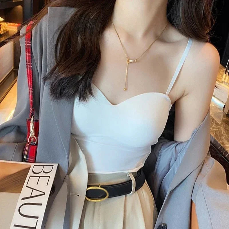 Summer Sexy Top Women Slim Thin Straps Camisole Sleeveless T-Shirt with Cups Solid Color Tank Tops Ice Silk Comfortable Sling VELNIX