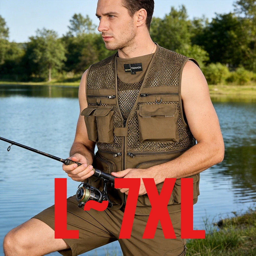 Plus Size Men's Vest Mesh Waistcoat Summer Tool Multi Pocket Work Wear Big Large Cargo Sleeveless Jacket Male Fishing Quick Dry VELNIX