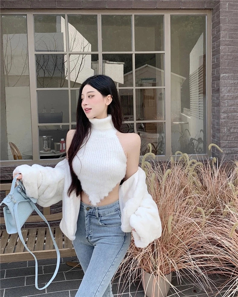 Sexy Tanks Women Knitted Hot Chic Backless Turtleneck Short Sleeveless Off Shoulder Popular Streetwear Corrugated Edge Female VELNIX